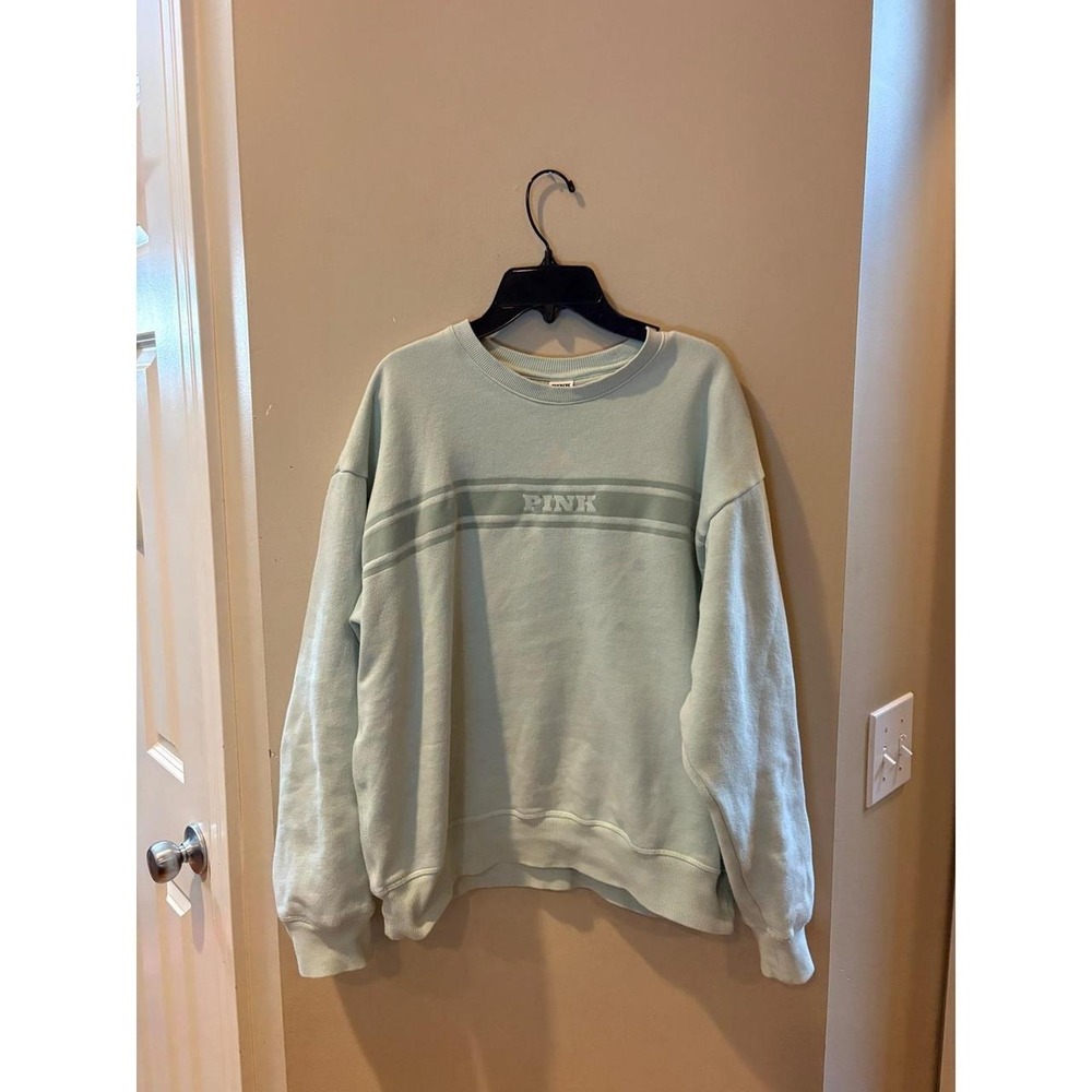 PINK Victoria's Secret Mint Green Logo Stripe Crewneck Sweatshirt Womens‎ Medium